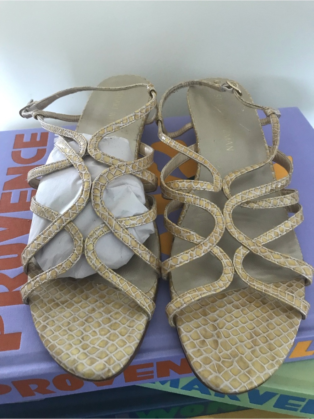 Stuart Weitzman Yellow Snake-Print Strappy Sandals